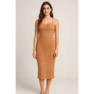 Walter Baker Women's Crochet Knit Midi Dress Tan Bodycon Sleeveless Size 8